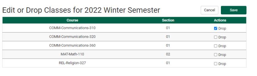 Image of checkbox to select in order to drop a class