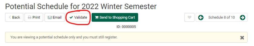 Image of screen with validate button
