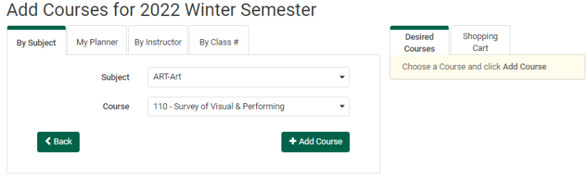 Image of options for selecting courses (By subject, instructor, class #)