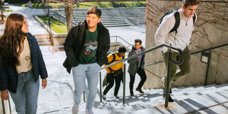 Students walking up stairs smiling